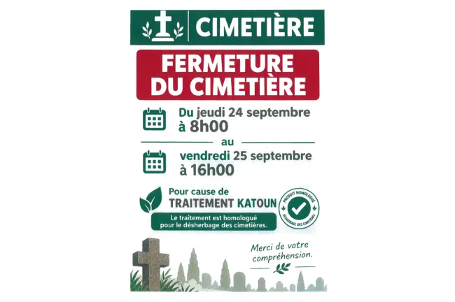 Fermeture exceptionnelle du cimeti&egrave;re les 24 et 25 septembre 2026
